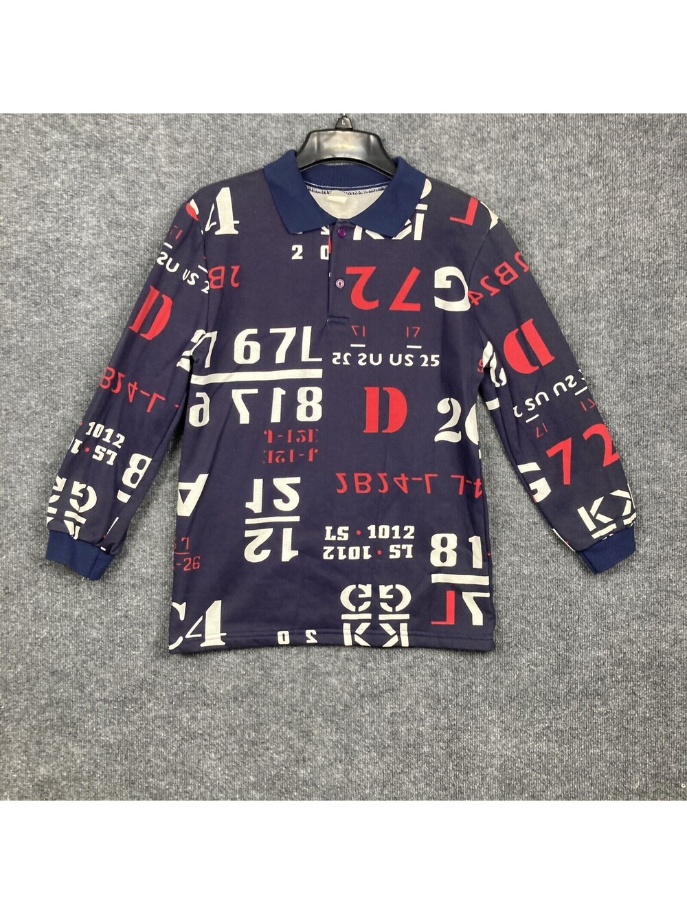 Vintage Boys Size 14 All Over Print Numbers Equation L/S Collar 100% Cotton Polo